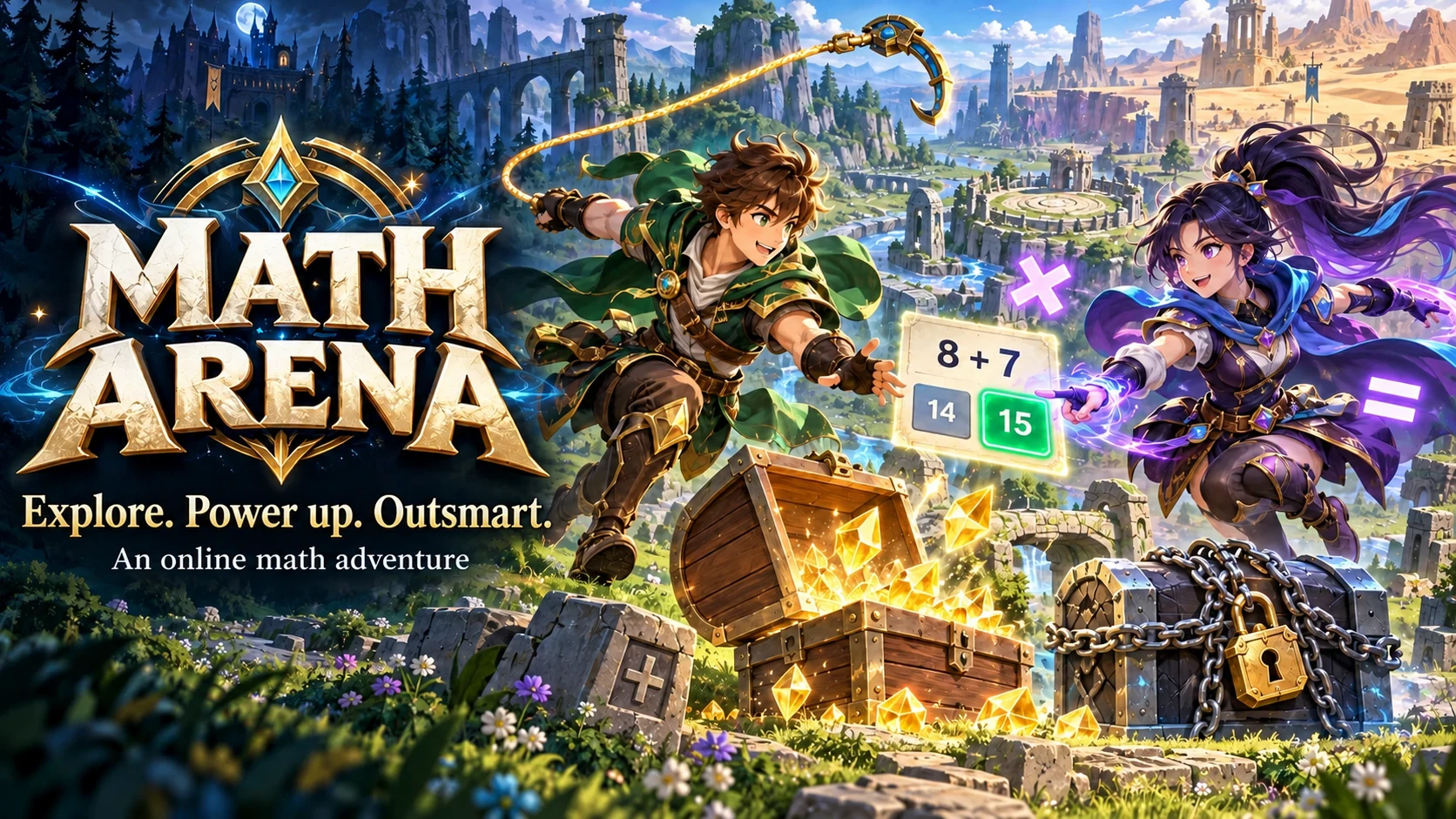 Math Arena artwork featuring a math duel, two adventurers and golden treasure