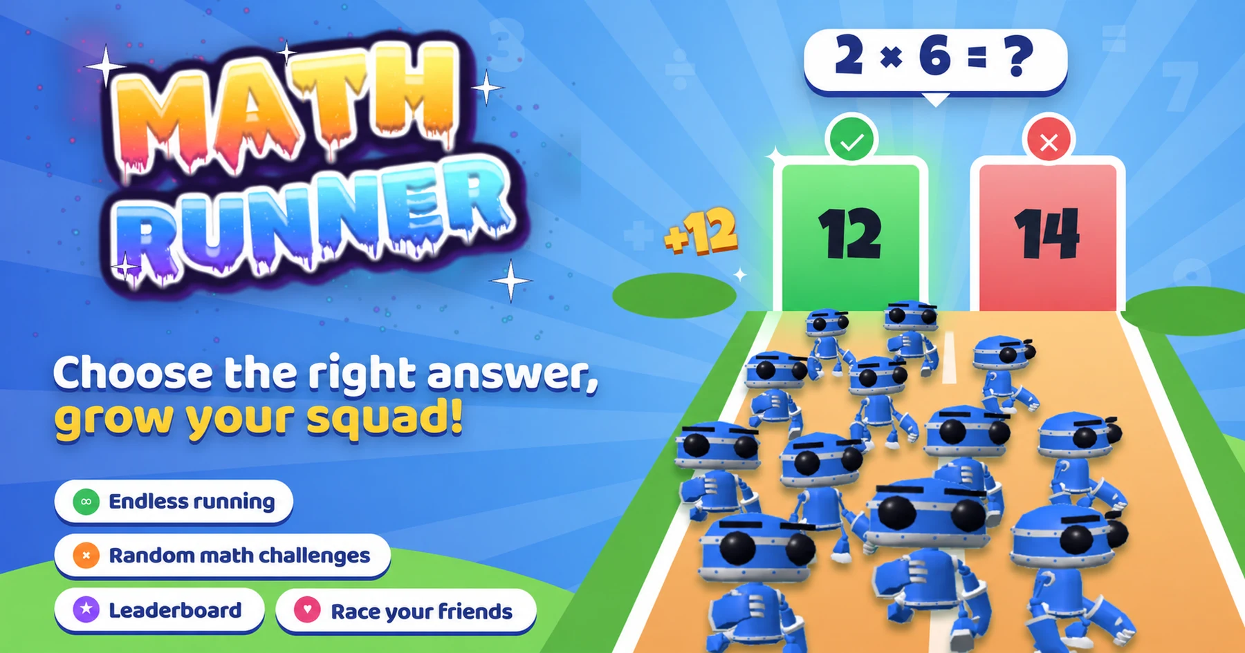 Math Runner artwork featuring blue robots running through the correct answer gate
