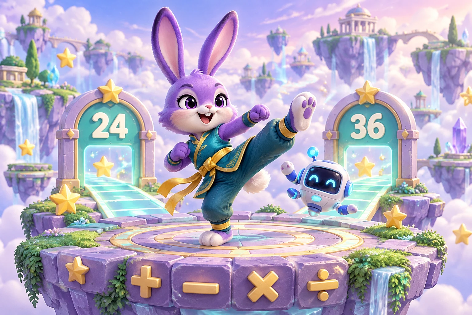 Peyfu the purple kung fu rabbit practicing in a playful world with math gates and a blue robot